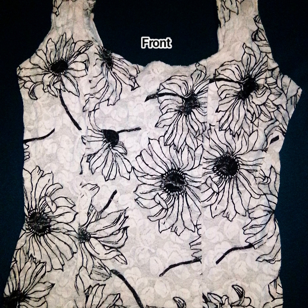 White Sleeveless Fitted Tank Top with Black Floral Design
